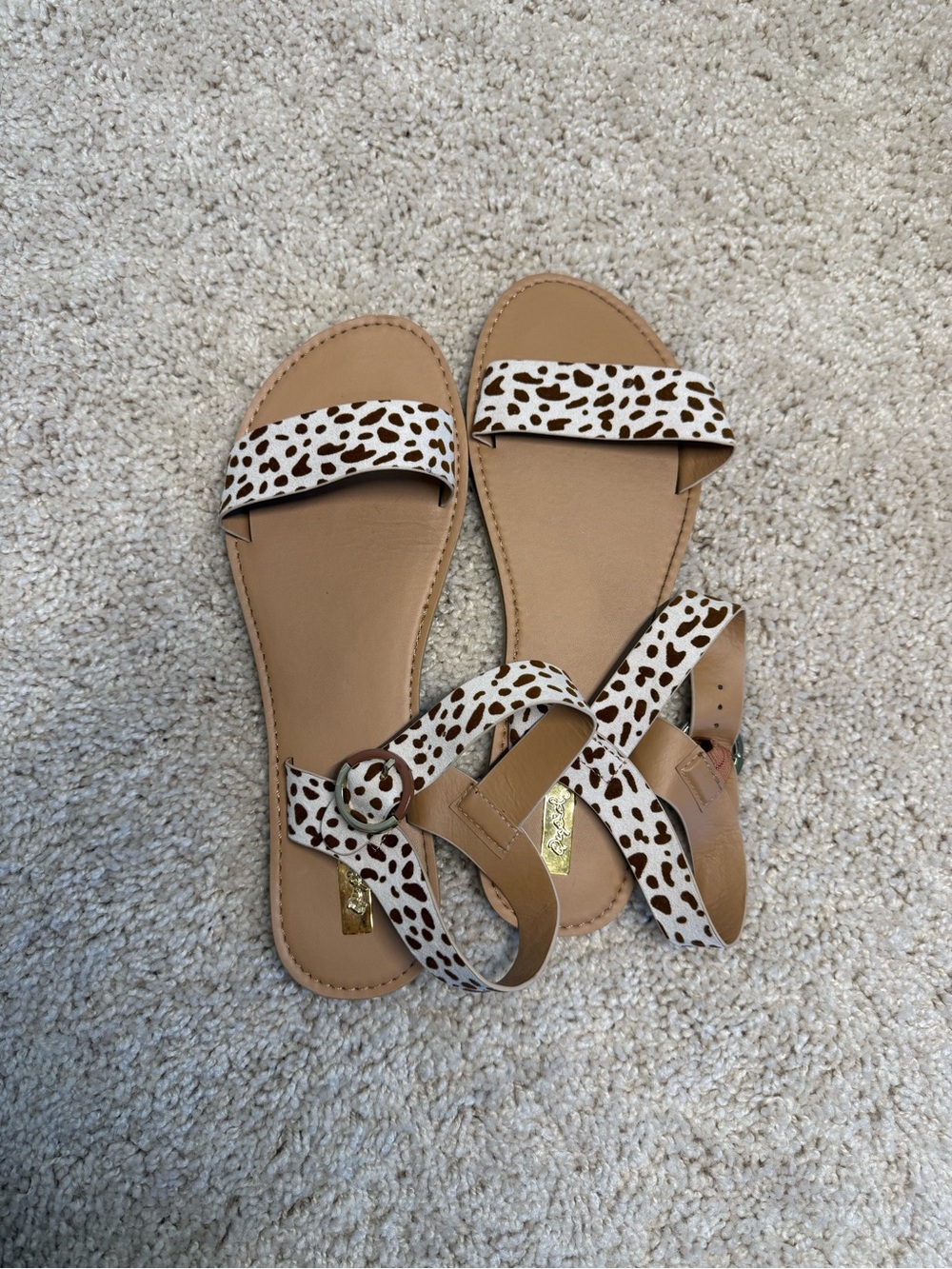 Women’s Tan Sandals with White and Brown Animal Print Strap